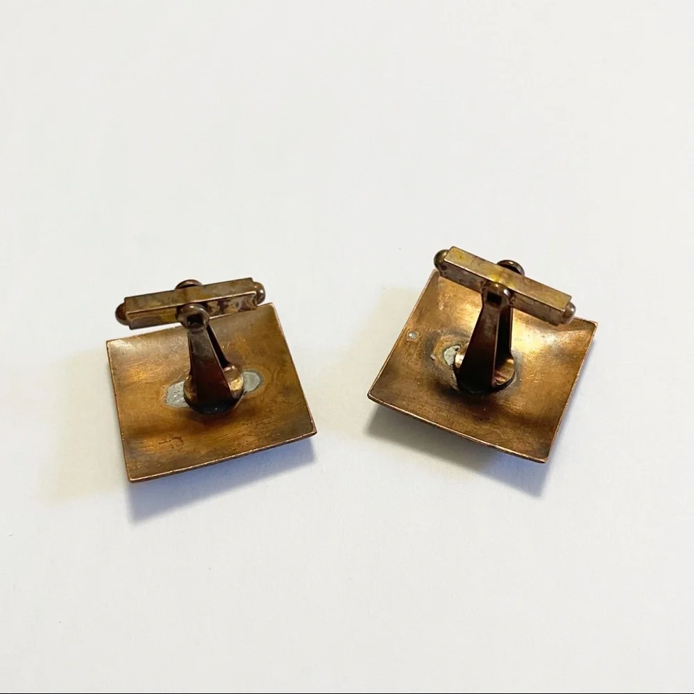 Vintage Mid Century Modern Copper and Blue Enamel Cufflinks Estate